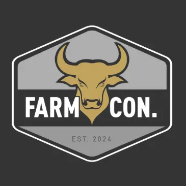 Farmcon Logo: A bull's head between farm and con, with the words est. 2024 written below.